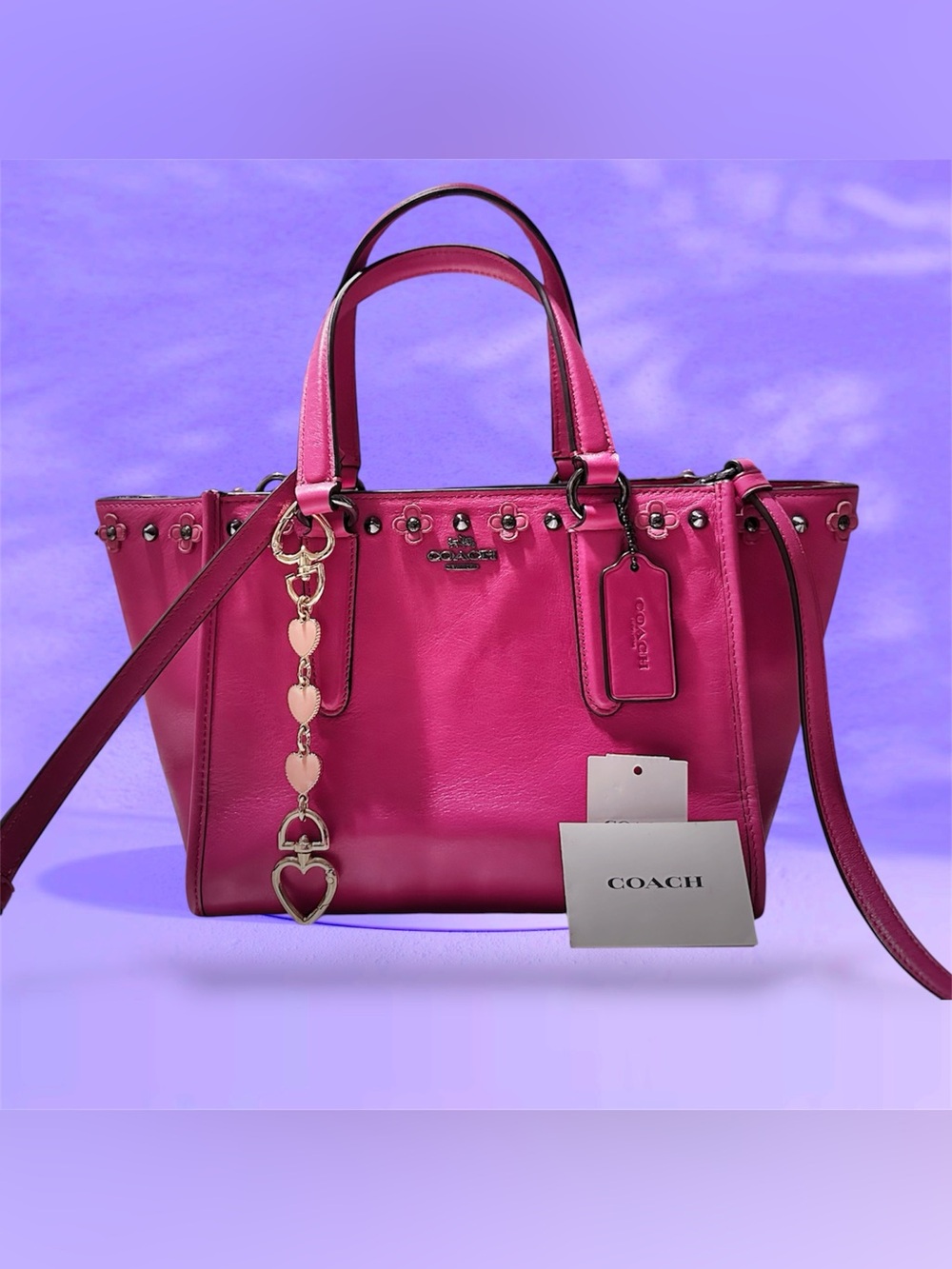 COACH Y2K soho shoulder bag Hot Pink Leather Tote with Heart Charm - Picture 8 of 17